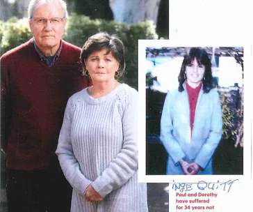 An elderly couple stands solemnly in the foreground, with an old photograph of a young woman to the right and text partly obscured.