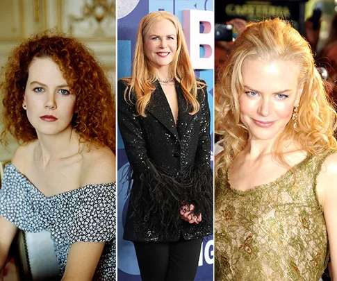 Nicole Kidman through the years: 1980s with curly hair, recent event in black, and early 2000s with blonde waves.