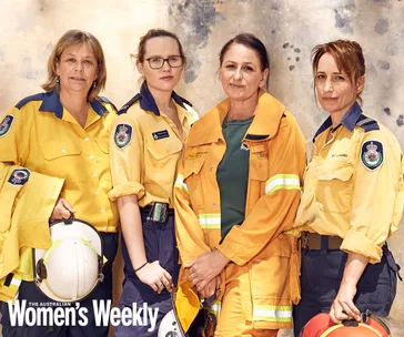 "Four female firefighters in uniform featured on The Australian Women's Weekly cover."