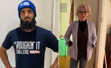 A man with a beard, wearing a "Roughin' It Challenge" shirt and beanie, next to a woman in glasses and a blazer.