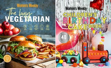 Cover of two Women's Weekly cookbooks: "The Busy Vegetarian" with burgers, and "Children's Birthday Cake Book" with a train cake.