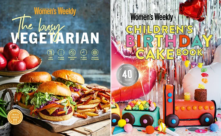 Cover of two Women's Weekly cookbooks: "The Busy Vegetarian" with burgers, and "Children's Birthday Cake Book" with a train cake.