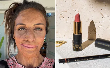 A woman with facial scars wearing makeup next to an Eye of Horus lipstick and eyeliner on a beige background.