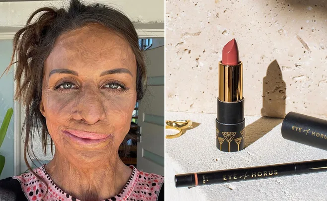 A woman with facial scars wearing makeup next to an Eye of Horus lipstick and eyeliner on a beige background.