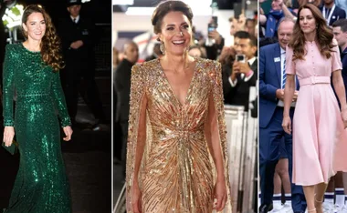 Three outfits: Green sequined gown, gold beaded dress, and pink belted dress worn at separate events.