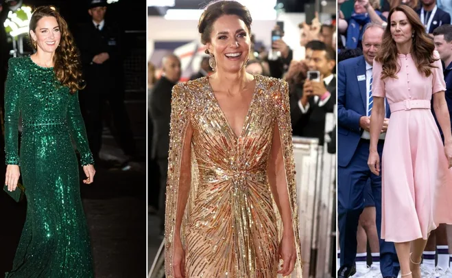 Three outfits: Green sequined gown, gold beaded dress, and pink belted dress worn at separate events.