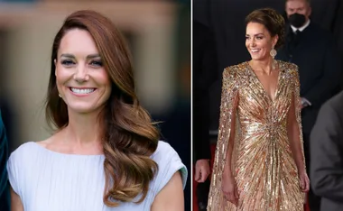 Kate Middleton smiling; left in a white dress, right in a sparkling gold gown on the red carpet.