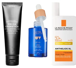 Three sunscreen products: a black tube of Mecca Cosmetica, a blue bottle of Ultra Violette, and a white bottle of La Roche-Posay Anthelios XL.