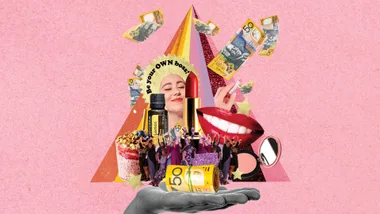 Collage of cosmetics, money, a smiling face, and 'Be your OWN boss' slogan on a pink background.