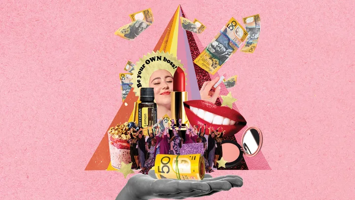 Collage of cosmetics, money, a smiling face, and 'Be your OWN boss' slogan on a pink background.