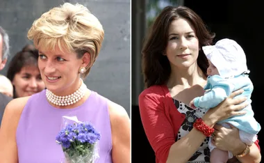 Two women side by side; one in a lilac dress with flowers, the other holding a baby in a blue outfit.