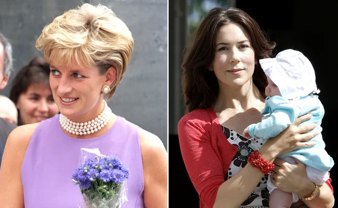 Two women side by side; one in a lilac dress with flowers, the other holding a baby in a blue outfit.
