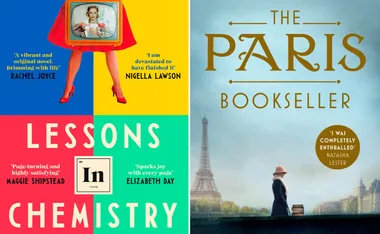 The image shows book covers for "Lessons in Chemistry" and "The Paris Bookseller" with colorful and Parisian themes.