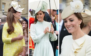 Three images of a woman in elegant outfits, each with a stylish hat, during garden parties.