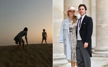 Left: Two children playing on sand at sunset. Right: A couple posing in formal attire, with the woman in a hat and floral dress.
