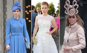 Princess Beatrice in various outfits: blue dress with matching hat, white floral dress, and beige coat with a unique hat.