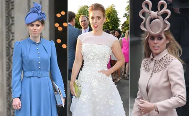 Princess Beatrice in various outfits: blue dress with matching hat, white floral dress, and beige coat with a unique hat.