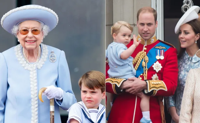 Royal family members on a balcony; queen in blue holds a cane, others in formal attire, child in blue outfit.