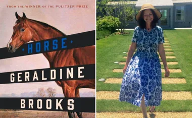 "Cover of 'Horse' by Geraldine Brooks next to a woman in a floral dress and sun hat on a garden path."