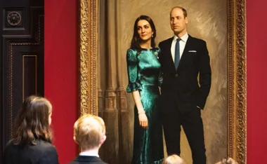 Painting of a man and woman in formal attire, observed by two children in a gallery setting.