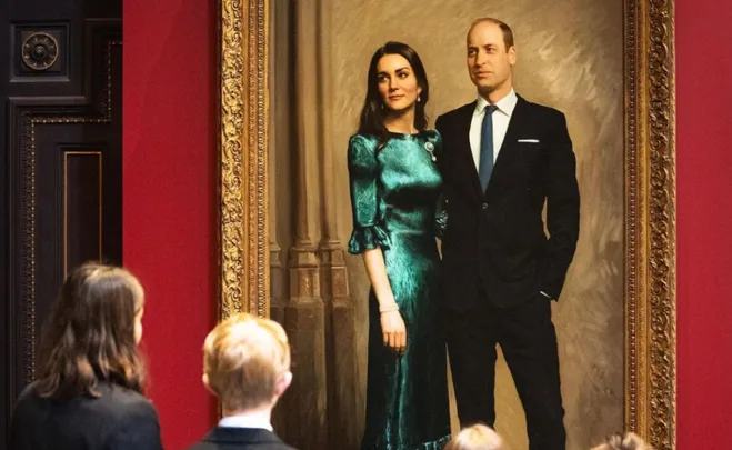 Painting of a man and woman in formal attire, observed by two children in a gallery setting.