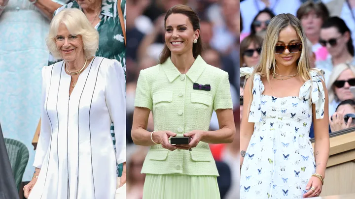 Three women at an event: one in a white dress, one in a light green dress, and one in a butterfly-patterned dress.