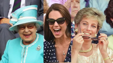 Three women at Wimbledon wearing sunglasses and smiling. One wears a turquoise hat and two have polka dot outfits.