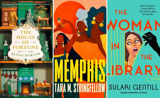 Book covers for "The House of Fortune," "Memphis," and "The Woman in the Library."