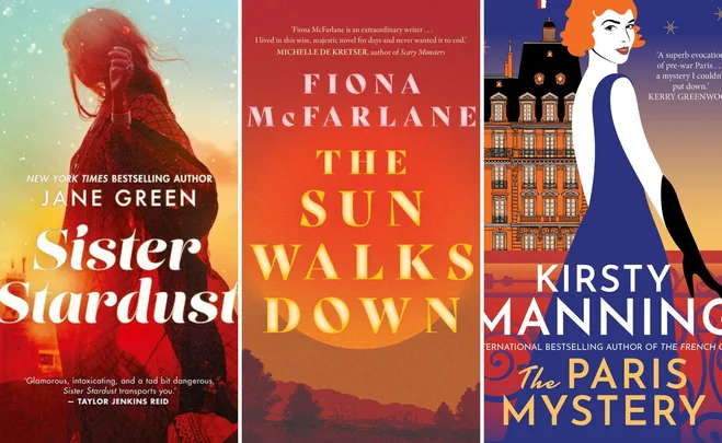 Book covers of "Sister Stardust," "The Sun Walks Down," and "The Paris Mystery" displayed side by side.