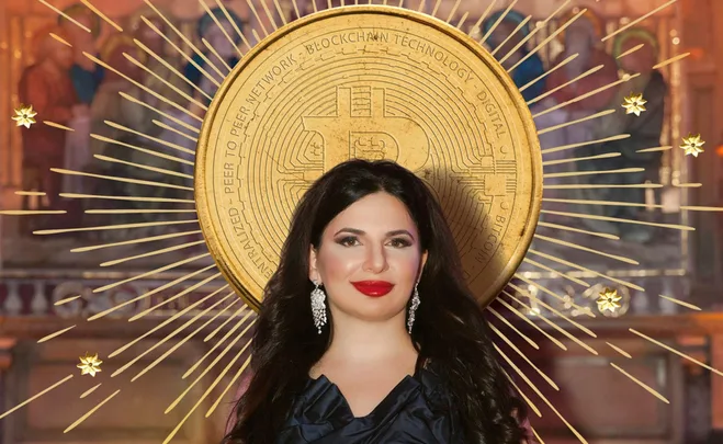 A woman with long dark hair and red lipstick stands in front of a large Bitcoin symbol, resembling a renaissance halo.