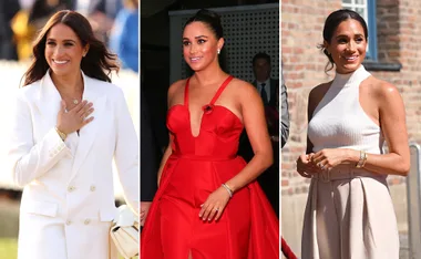 Three images of a woman in different outfits: white suit, red gown, and white sleeveless top with beige pants.