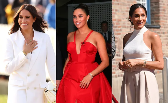 Three images of a woman in different outfits: white suit, red gown, and white sleeveless top with beige pants.