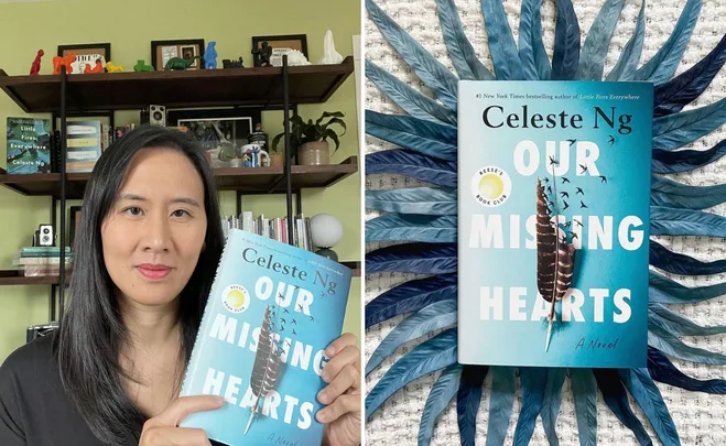 Author Celeste Ng holds her book "Our Missing Hearts" with blue feathered cover design.