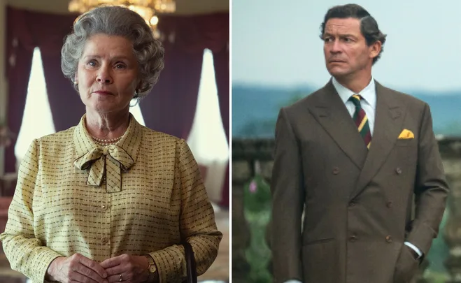 Actors portraying Queen Elizabeth II and Prince Charles in "The Crown" Season 5, standing separately in formal attire.