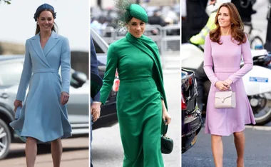 Women in elegant Emilia Wickstead dresses: blue coat dress, green ensemble with hat, and pink dress with handbag.
