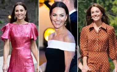 A woman in three outfits: a pink dress with ruffled sleeves, a black off-the-shoulder dress, and a polka dot dress.