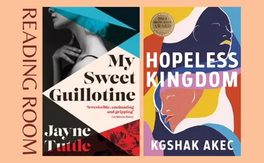 "Book covers: 'My Sweet Guillotine' by Jayne Tuttle and 'Hopeless Kingdom' by Kgshak Akec, with 'Reading Room' text."
