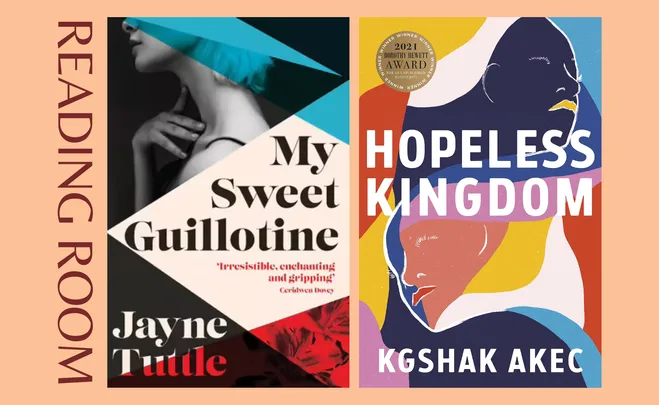 "Book covers: 'My Sweet Guillotine' by Jayne Tuttle and 'Hopeless Kingdom' by Kgshak Akec, with 'Reading Room' text."