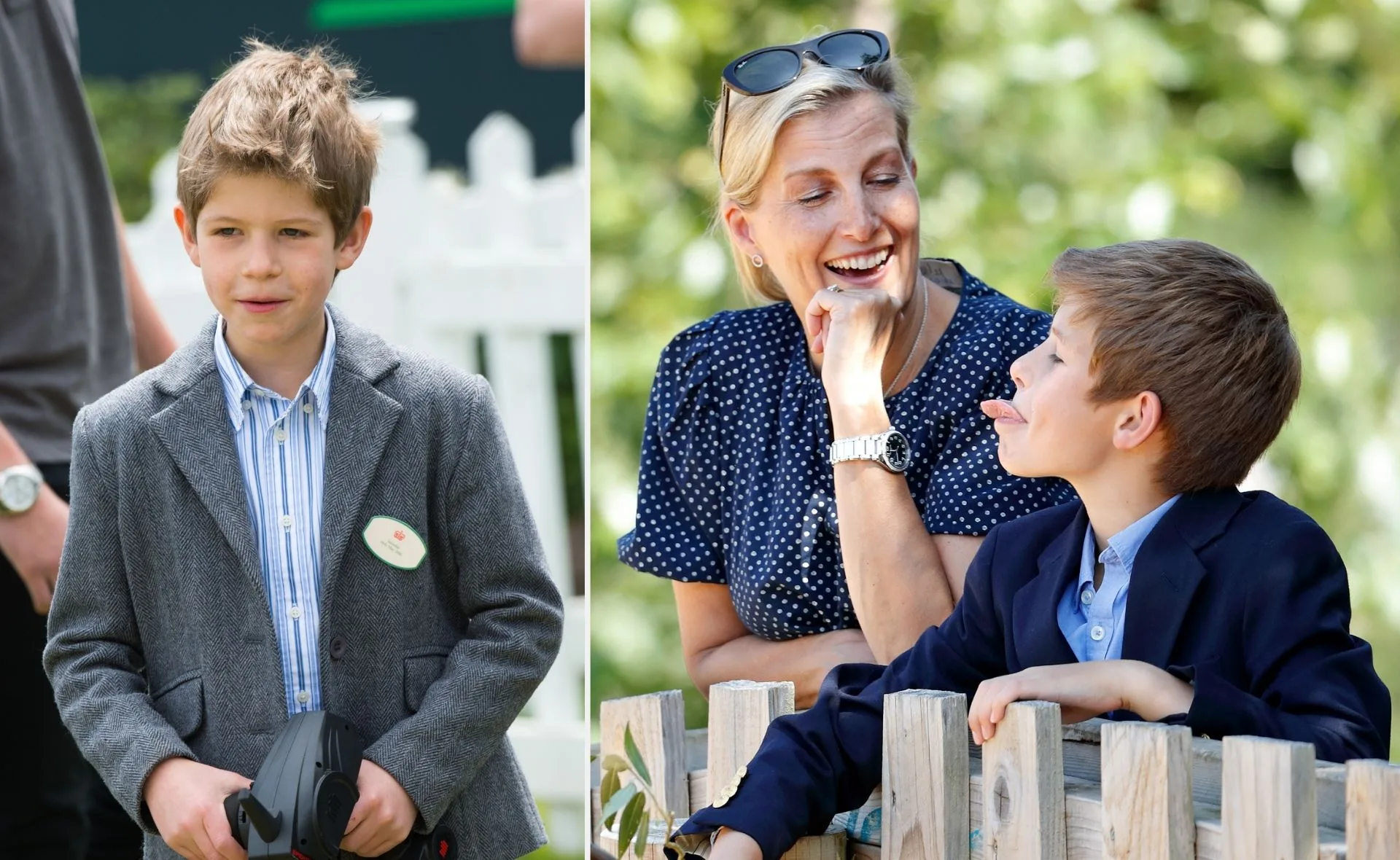 A young boy in a suit and woman smiling outdoors; he playfully sticks out his tongue.