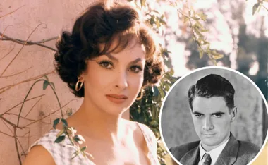 Gina Lollobrigida in color photo with inset of a man in a black and white portrait.