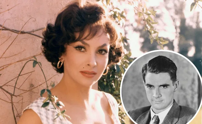 Gina Lollobrigida in color photo with inset of a man in a black and white portrait.
