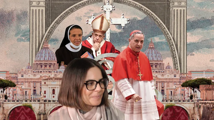 Collage of religious figures in front of Vatican architecture, featuring a cardinal, nun, and others.
