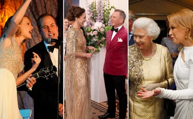 Celebrities interacting with royalty: singing, engaging, and chatting at glamorous events.