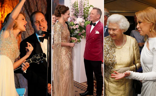 Celebrities interacting with royalty: singing, engaging, and chatting at glamorous events.
