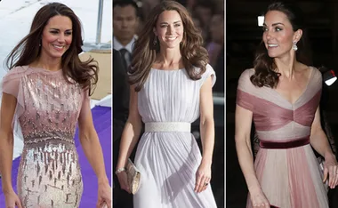 Three images of a woman in elegant gowns: a pink sequined dress, a lilac draped dress, and a maroon v-neck dress.