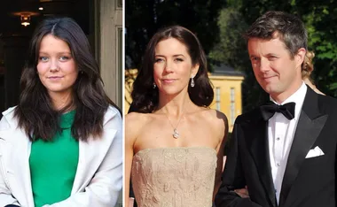 Two side-by-side images: a woman in green and white on the left, and a couple in evening attire on the right.