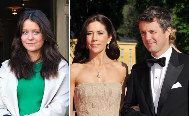 Two side-by-side images: a woman in green and white on the left, and a couple in evening attire on the right.
