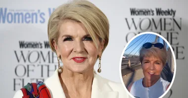 Woman in white at "Women of the Future" event with inset photo of her running on a bridge.