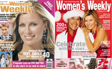 "Two Australian Women's Weekly magazine covers featuring Deborah Hutton; June 2002 and December 2006 issues."