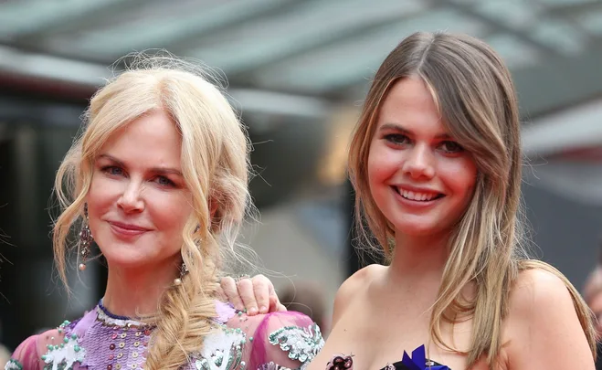 Nicole Kidman with her niece, Lucia Hawley, smiling at a red carpet event.